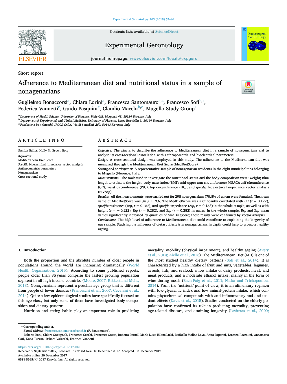 Adherence to Mediterranean diet and nutritional status in a sample of nonagenarians