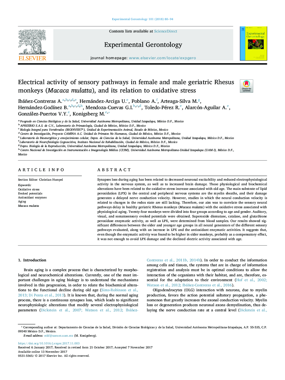 Electrical activity of sensory pathways in female and male geriatric Rhesus monkeys (Macaca mulatta), and its relation to oxidative stress