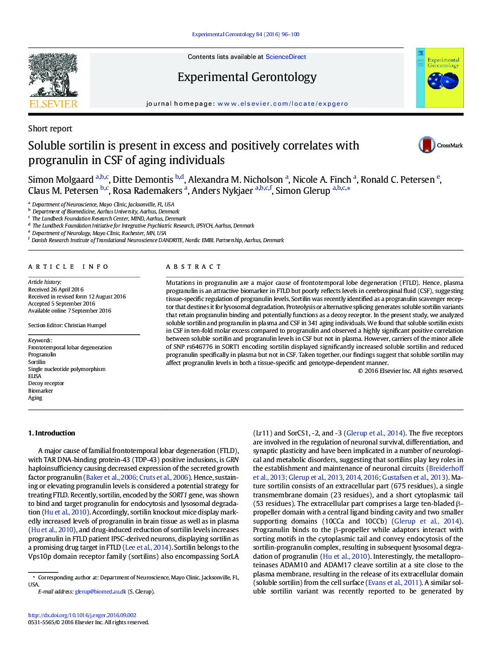 Soluble sortilin is present in excess and positively correlates with progranulin in CSF of aging individuals