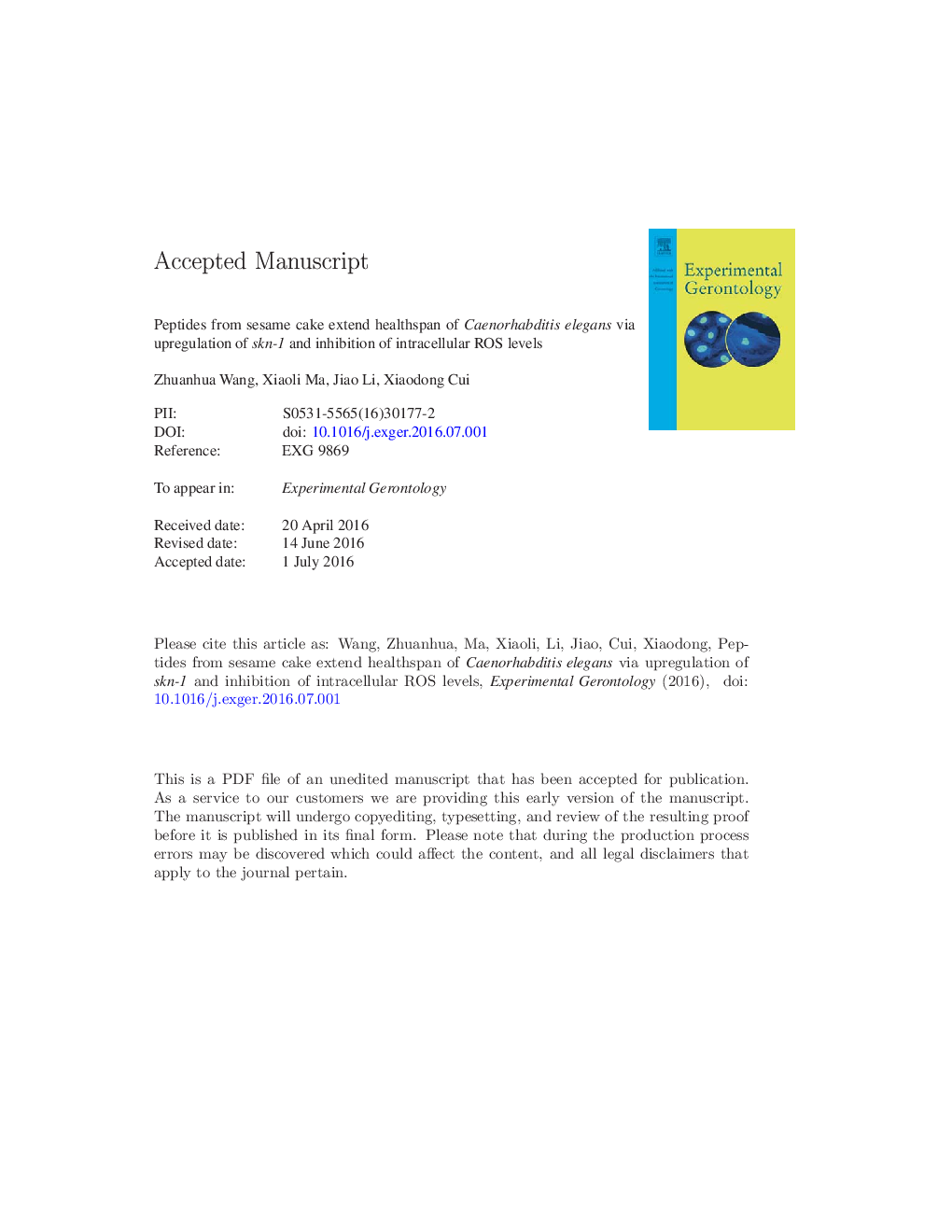 Peptides from sesame cake extend healthspan of Caenorhabditis elegans via upregulation of skn-1 and inhibition of intracellular ROS levels