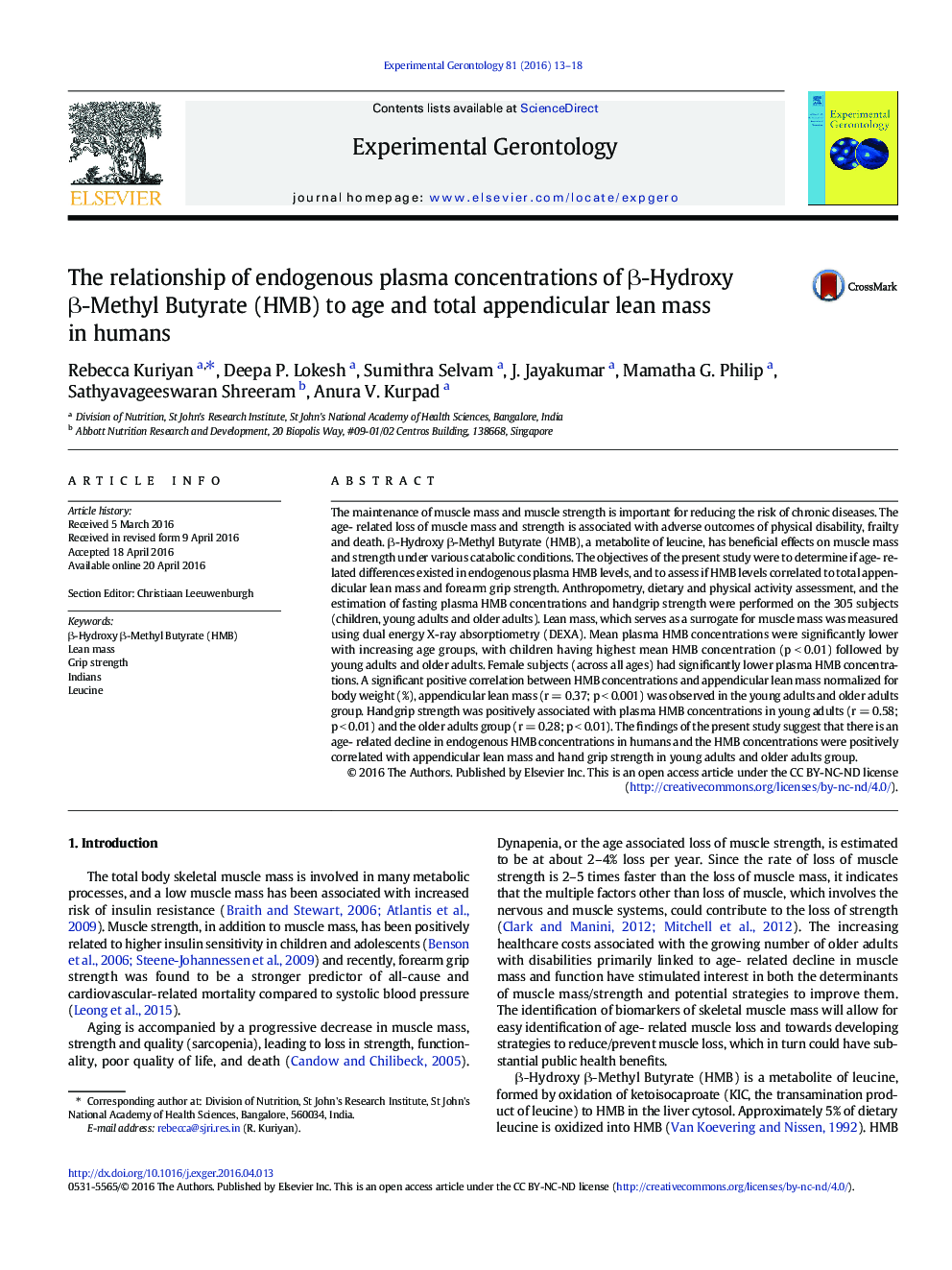 The relationship of endogenous plasma concentrations of Î²-Hydroxy Î²-Methyl Butyrate (HMB) to age and total appendicular lean mass in humans