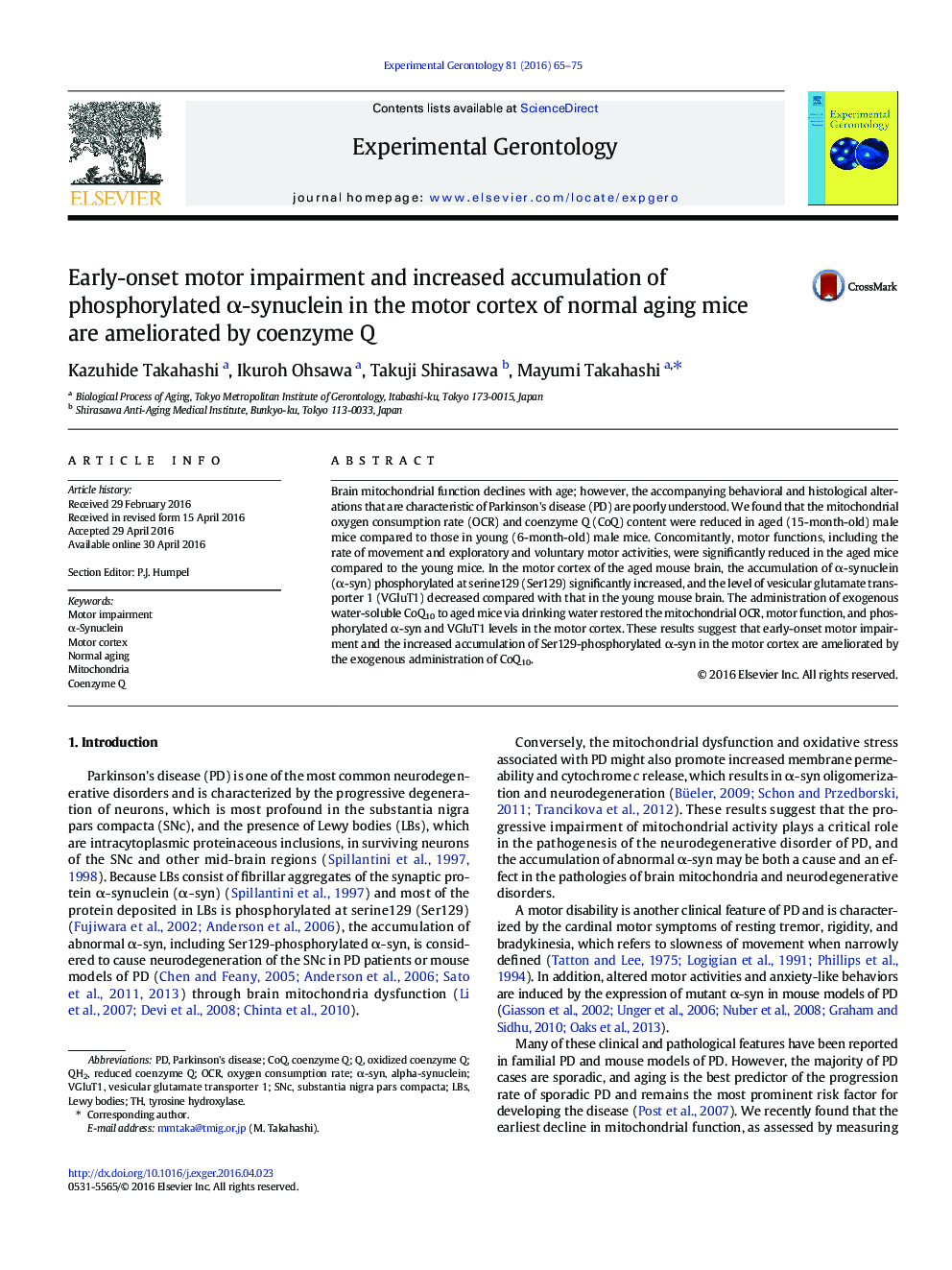 Early-onset motor impairment and increased accumulation of phosphorylated Î±-synuclein in the motor cortex of normal aging mice are ameliorated by coenzyme Q