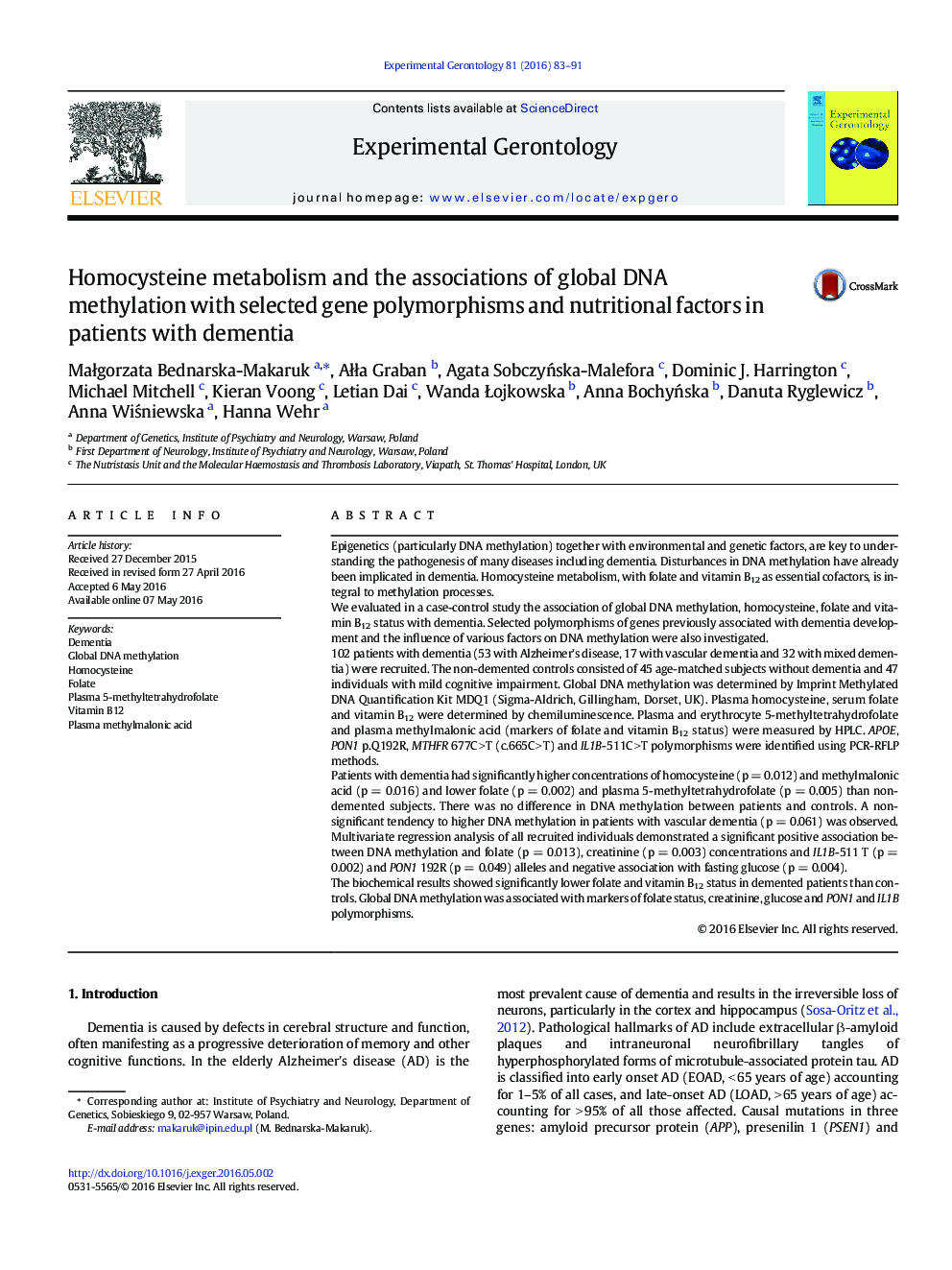 Homocysteine metabolism and the associations of global DNA methylation with selected gene polymorphisms and nutritional factors in patients with dementia