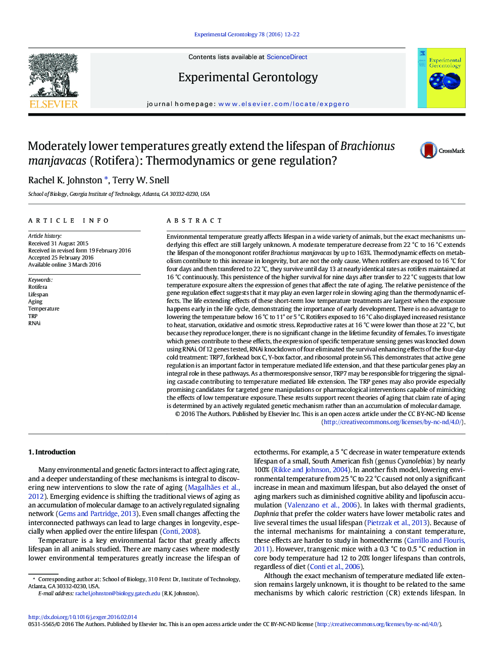 Moderately lower temperatures greatly extend the lifespan of Brachionus manjavacas (Rotifera): Thermodynamics or gene regulation?