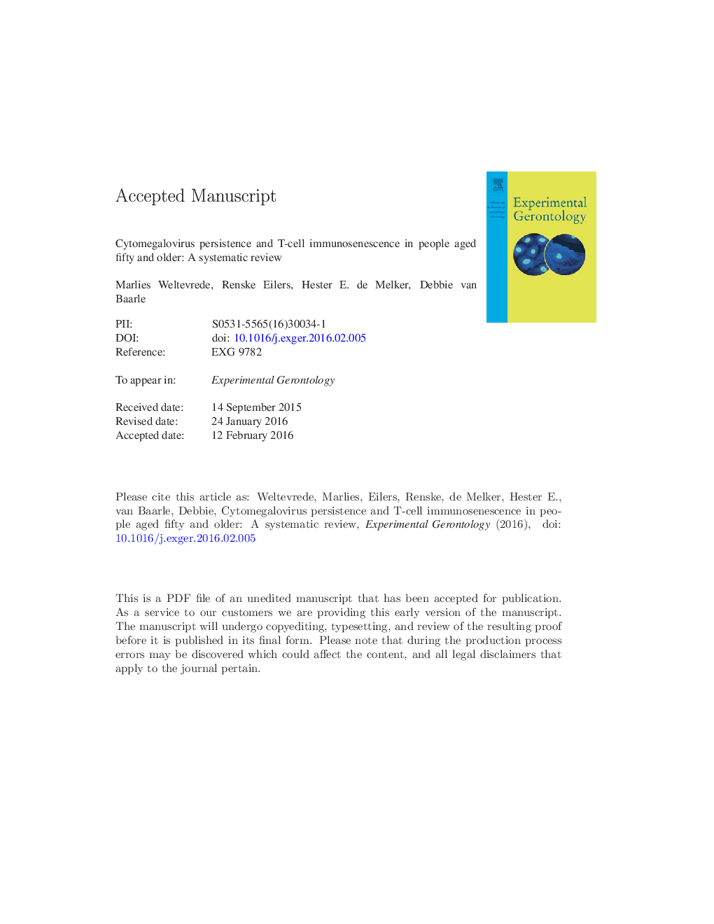 Cytomegalovirus persistence and T-cell immunosenescence in people aged fifty and older: A systematic review