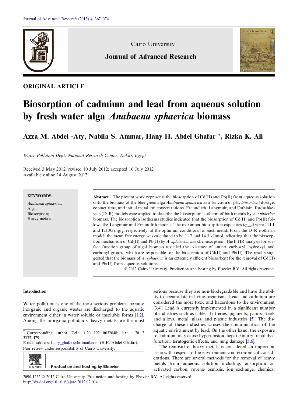 Biosorption of cadmium and lead from aqueous solution by fresh water alga Anabaena sphaerica biomass 