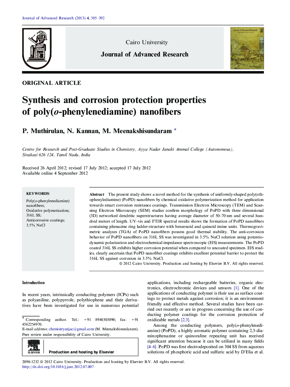 Synthesis and corrosion protection properties of poly(o-phenylenediamine) nanofibers 
