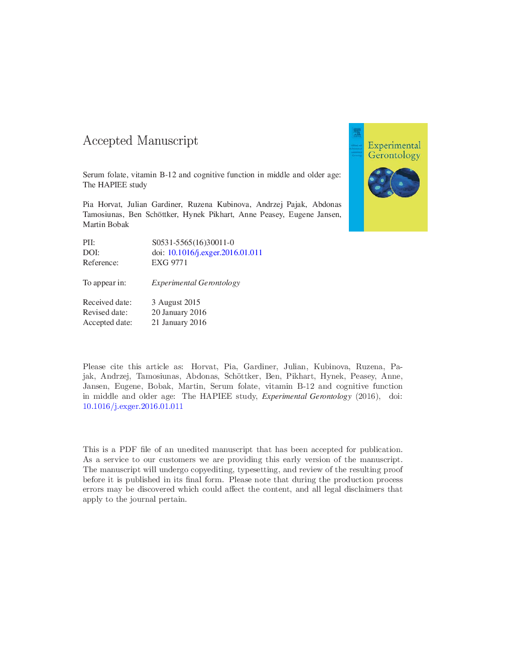 Serum folate, vitamin B-12 and cognitive function in middle and older age: The HAPIEE study