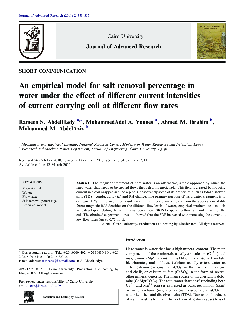 An empirical model for salt removal percentage in water under the effect of different current intensities of current carrying coil at different flow rates
