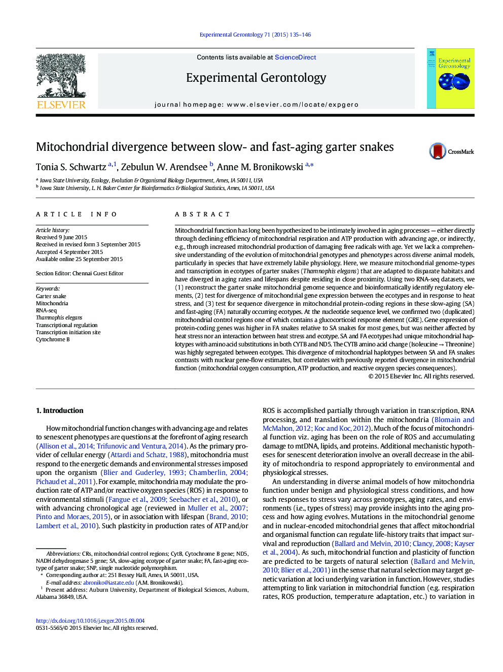 Mitochondrial divergence between slow- and fast-aging garter snakes