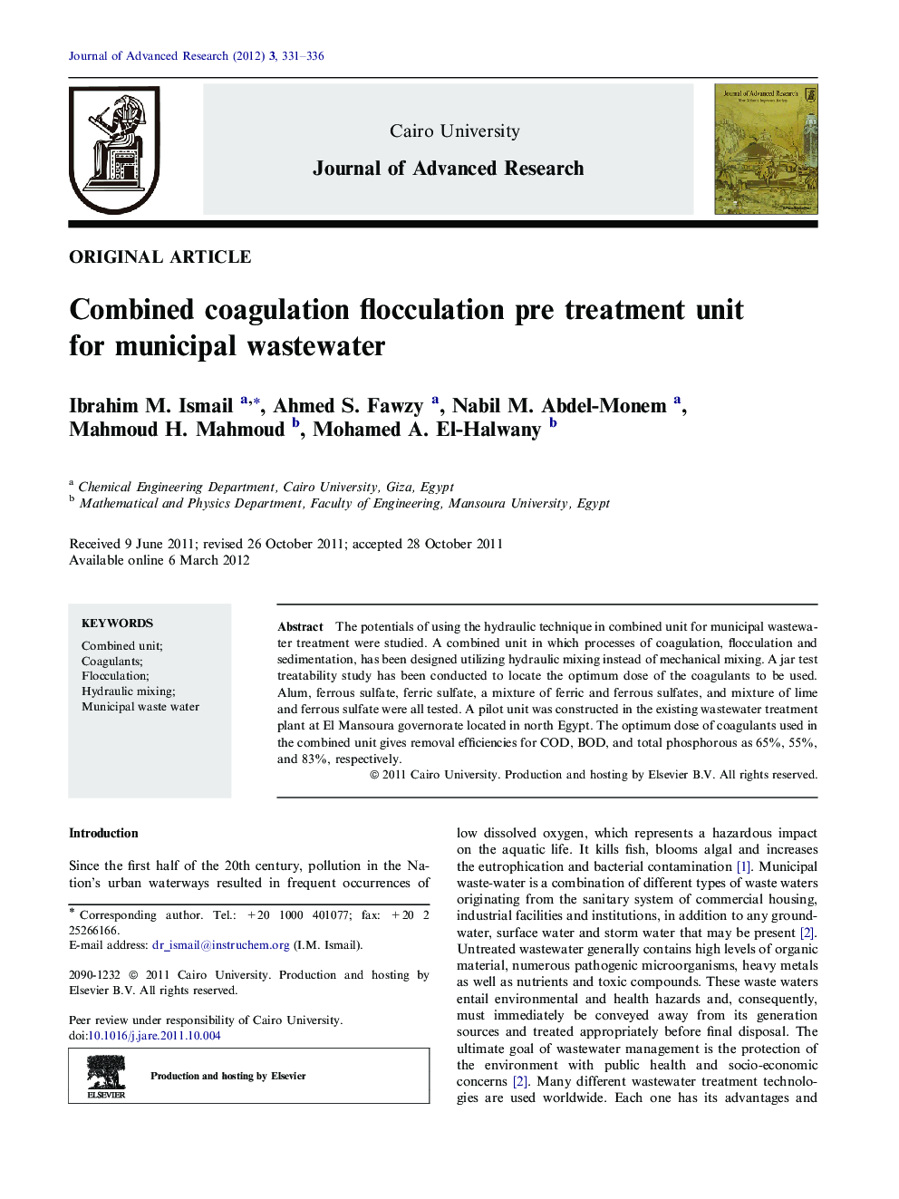 Combined coagulation flocculation pre treatment unit for municipal wastewater