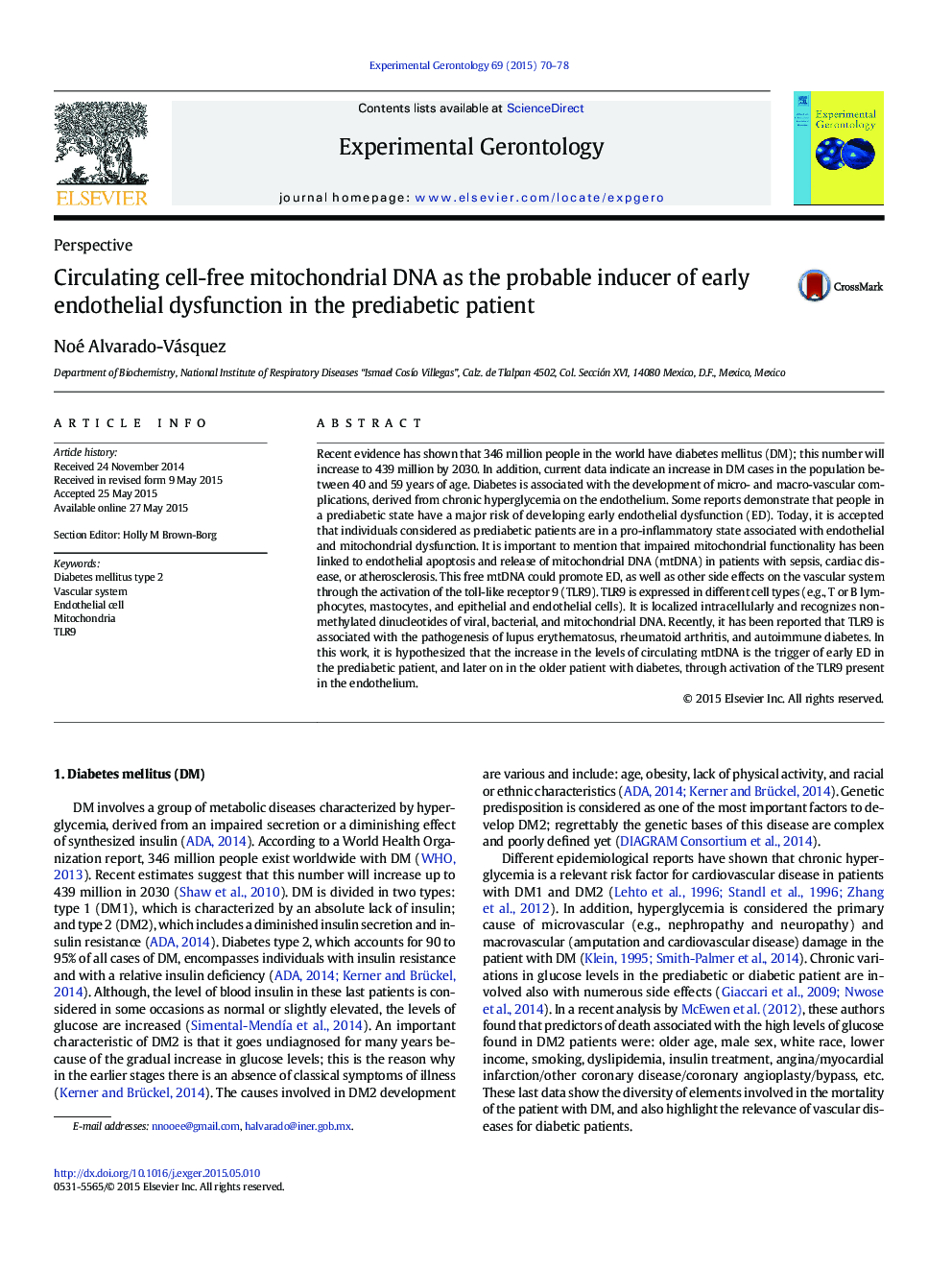 Circulating cell-free mitochondrial DNA as the probable inducer of early endothelial dysfunction in the prediabetic patient