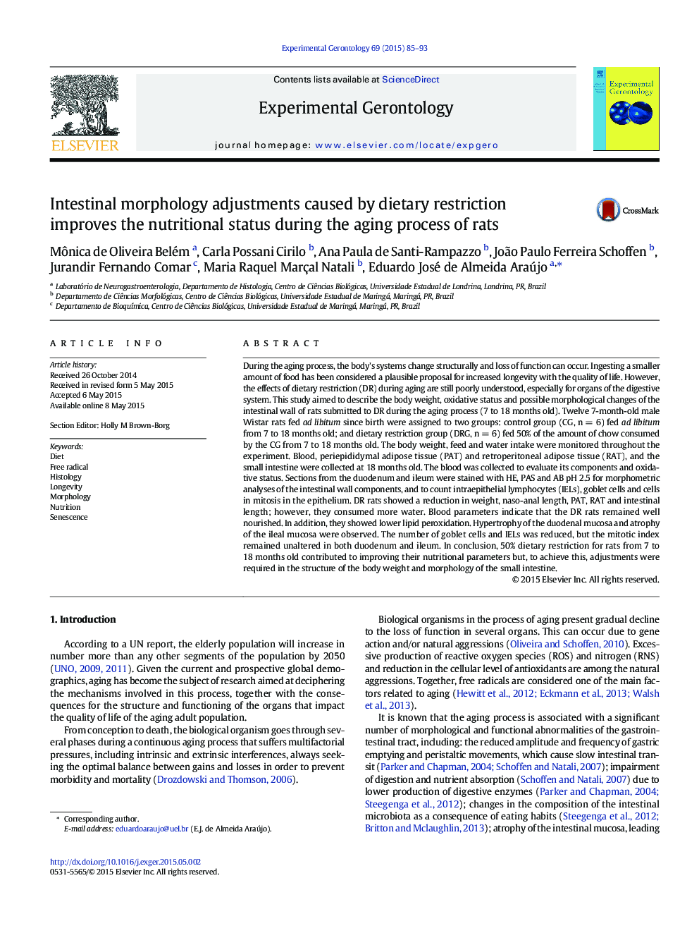 Intestinal morphology adjustments caused by dietary restriction improves the nutritional status during the aging process of rats