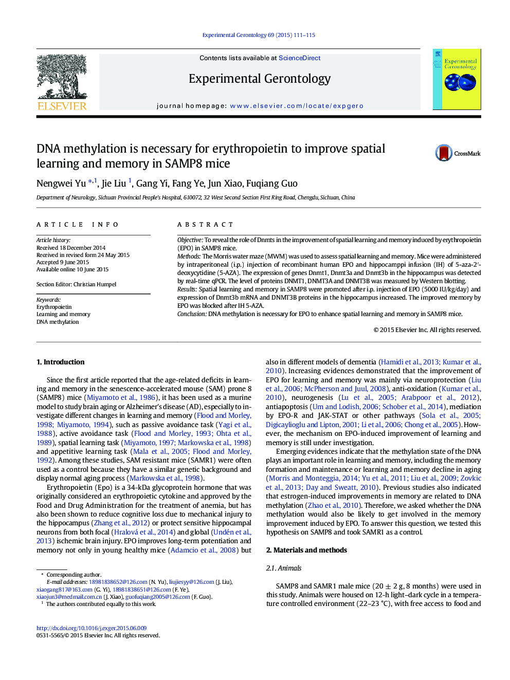 DNA methylation is necessary for erythropoietin to improve spatial learning and memory in SAMP8 mice