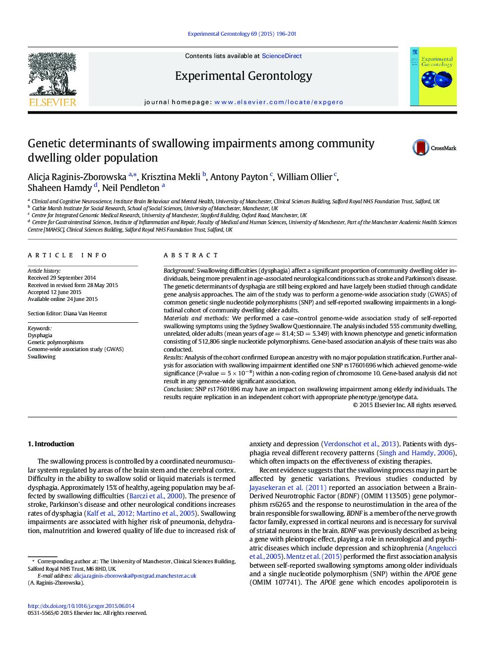 Genetic determinants of swallowing impairments among community dwelling older population