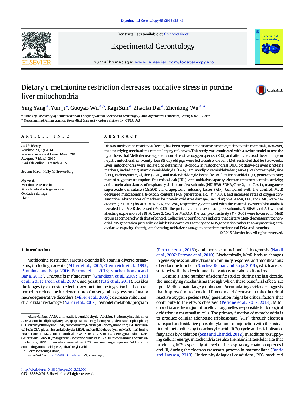 Dietary l-methionine restriction decreases oxidative stress in porcine liver mitochondria