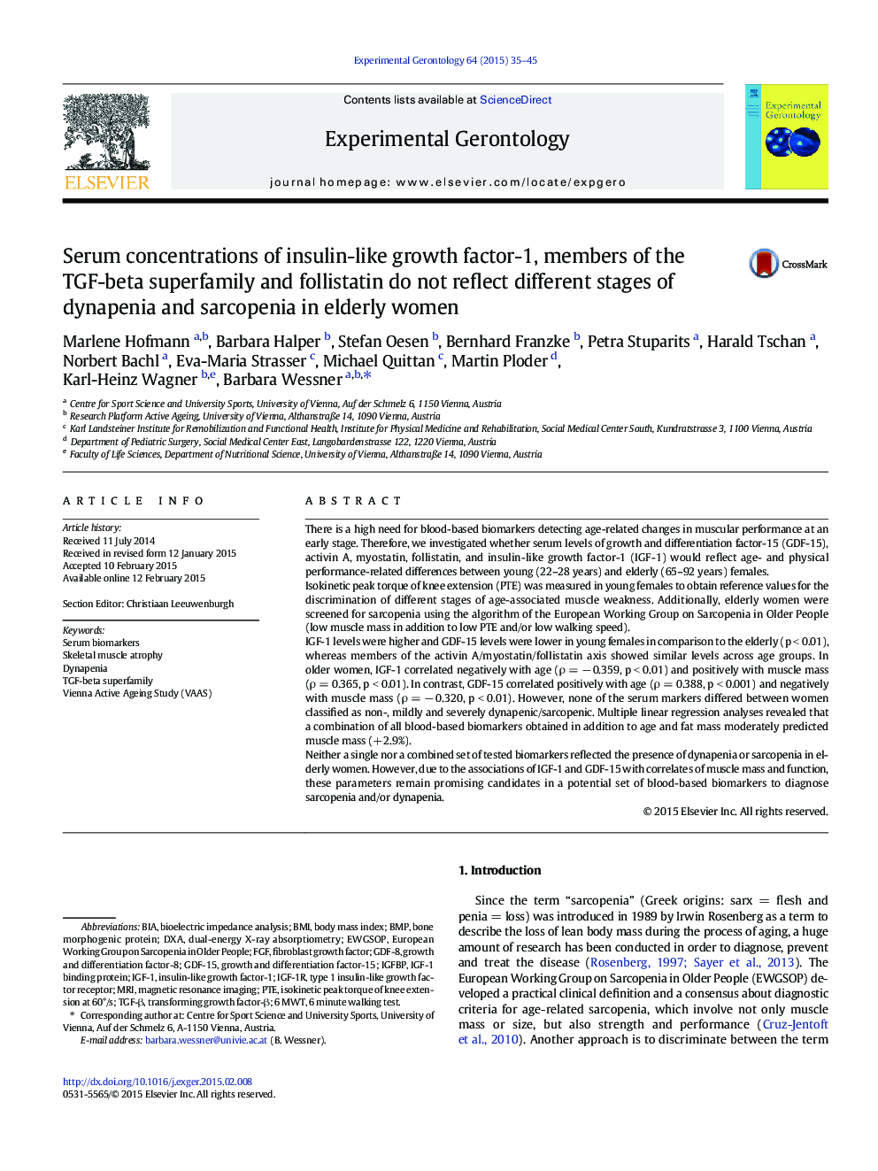 Serum concentrations of insulin-like growth factor-1, members of the TGF-beta superfamily and follistatin do not reflect different stages of dynapenia and sarcopenia in elderly women