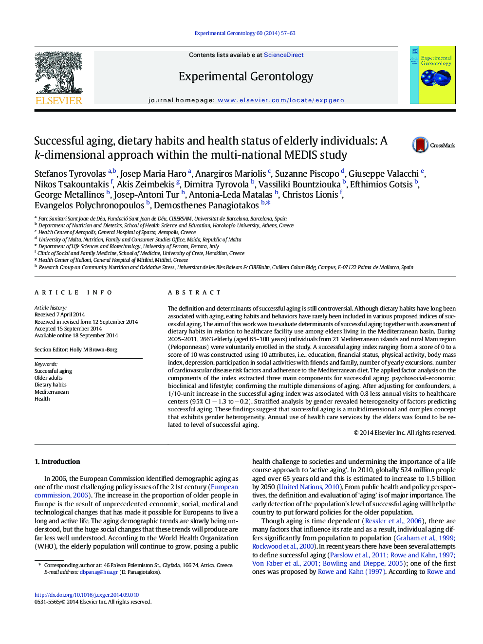 Successful aging, dietary habits and health status of elderly individuals: A k-dimensional approach within the multi-national MEDIS study