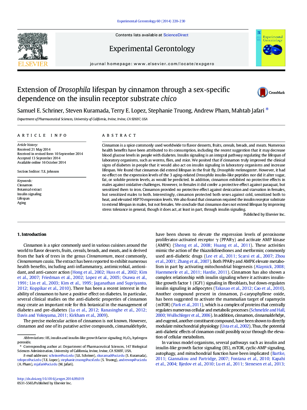 Extension of Drosophila lifespan by cinnamon through a sex-specific dependence on the insulin receptor substrate chico