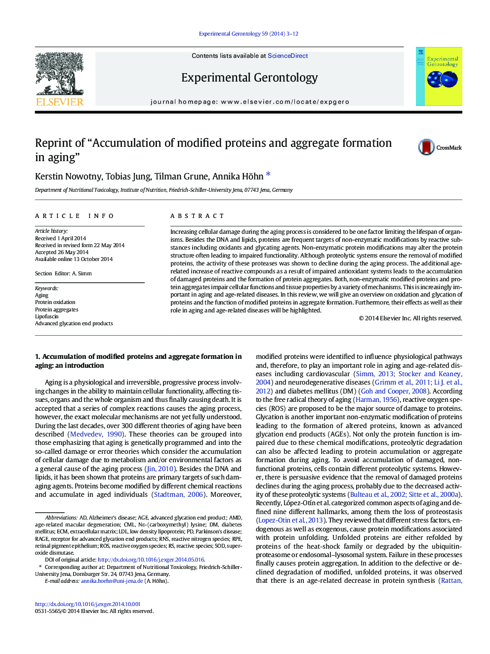 Reprint of “Accumulation of modified proteins and aggregate formation in aging”