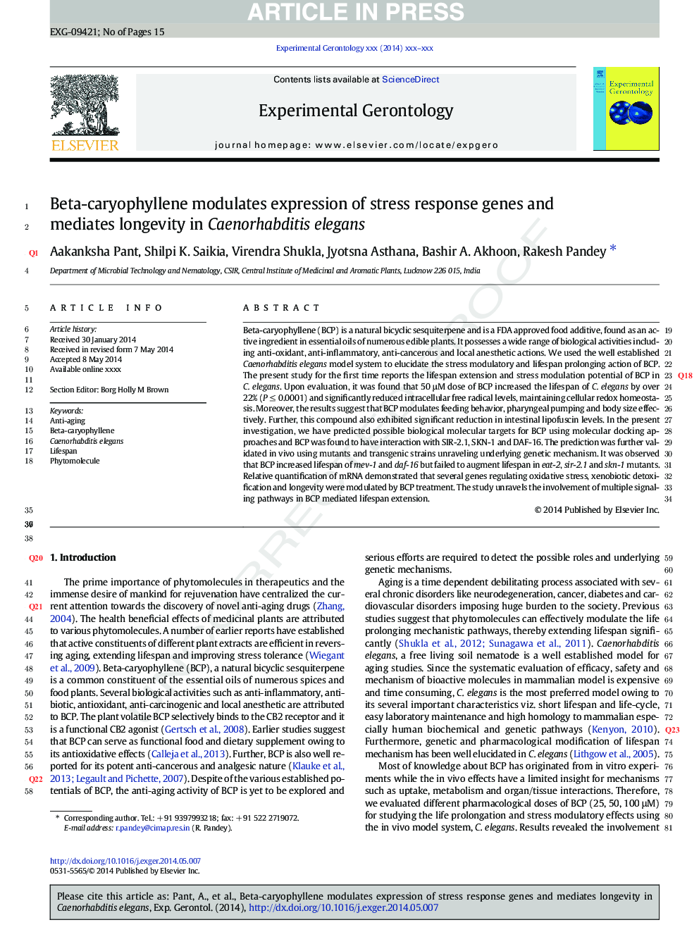 Beta-caryophyllene modulates expression of stress response genes and mediates longevity in Caenorhabditis elegans