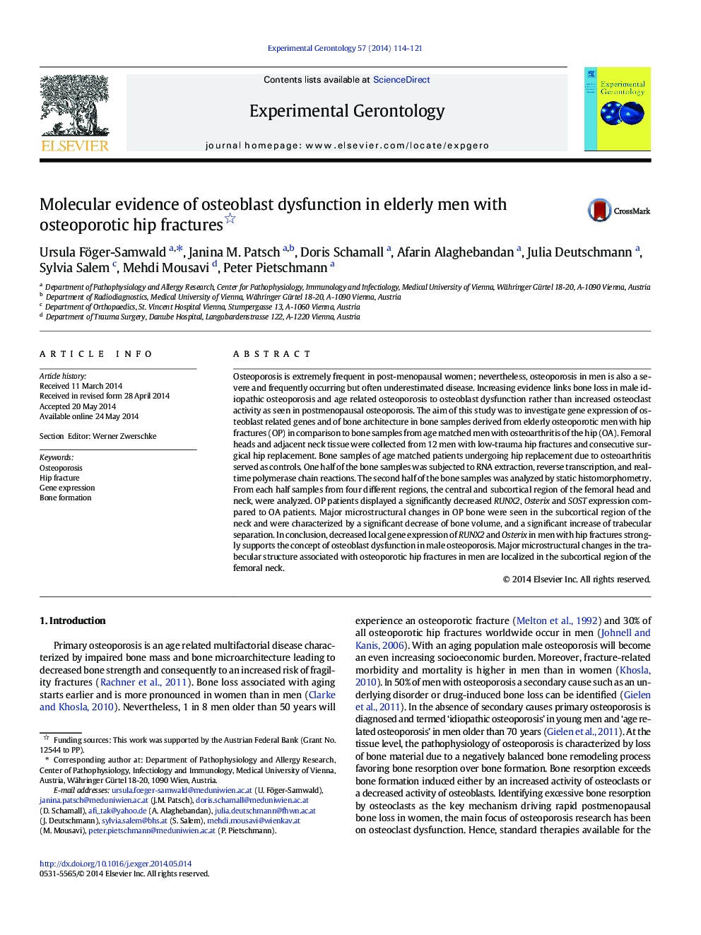 Molecular evidence of osteoblast dysfunction in elderly men with osteoporotic hip fractures