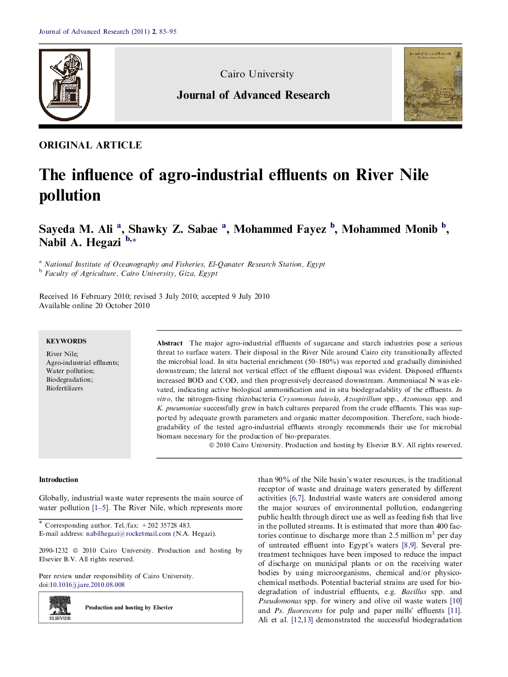 The influence of agro-industrial effluents on River Nile pollution