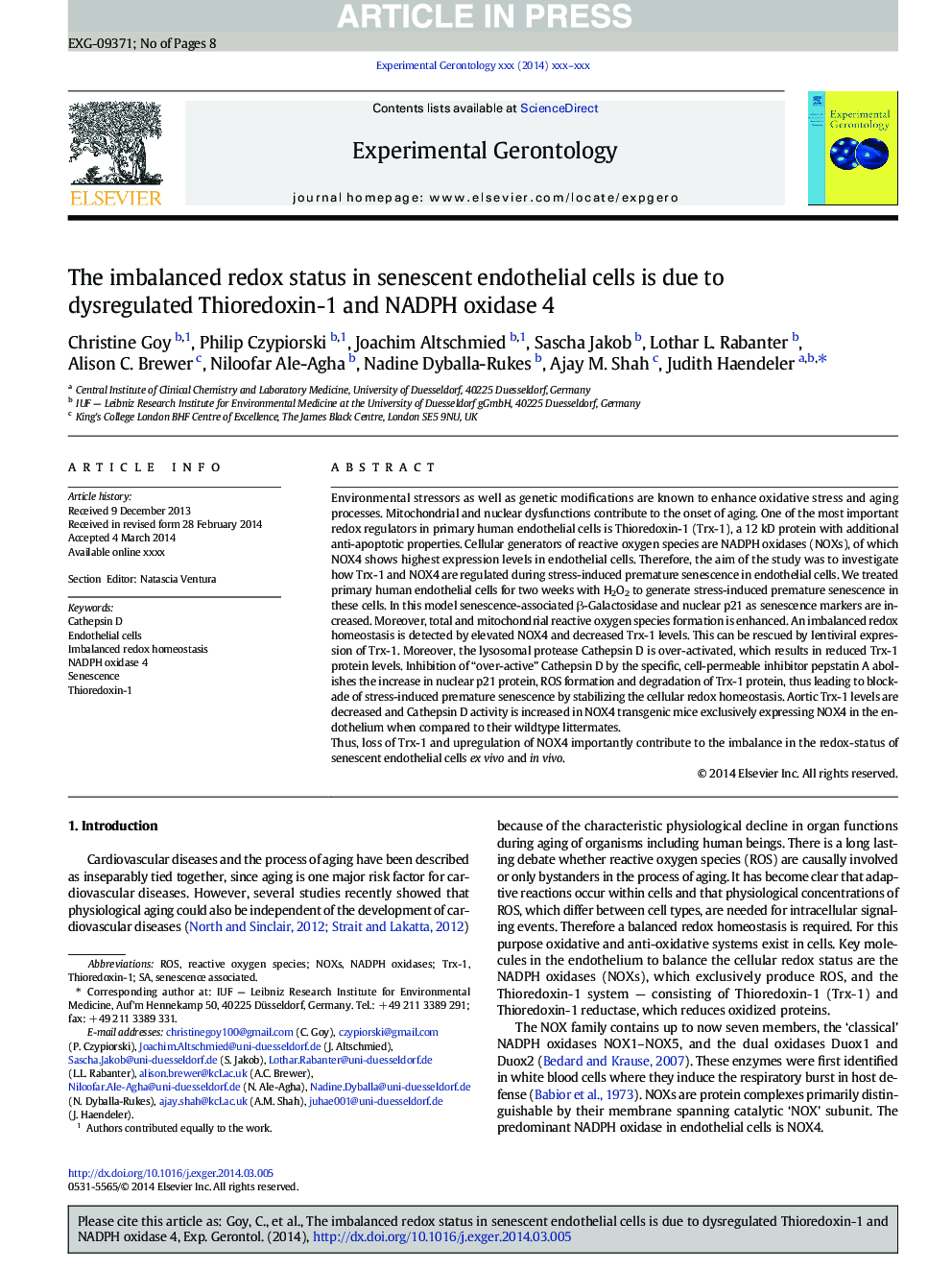 The imbalanced redox status in senescent endothelial cells is due to dysregulated Thioredoxin-1 and NADPH oxidase 4