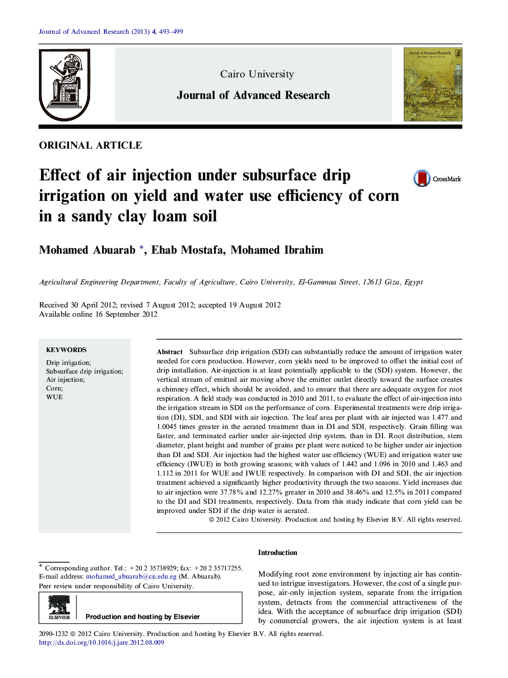 Effect of air injection under subsurface drip irrigation on yield and water use efficiency of corn in a sandy clay loam soil 