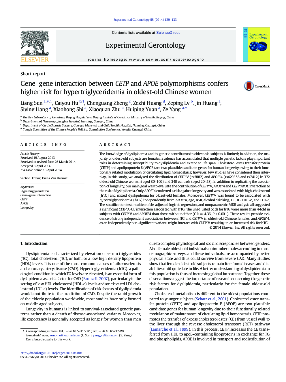 Gene-gene interaction between CETP and APOE polymorphisms confers higher risk for hypertriglyceridemia in oldest-old Chinese women