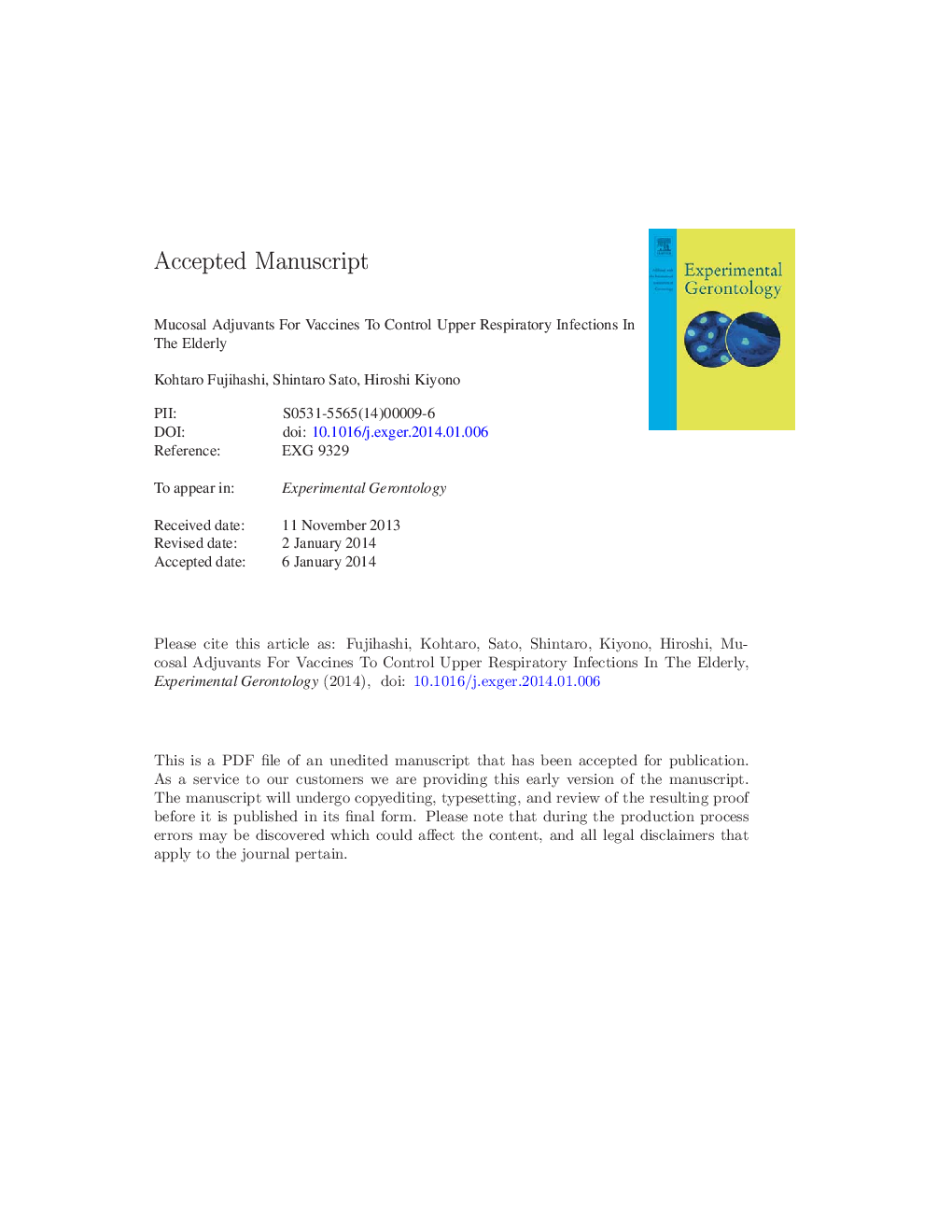 Mucosal adjuvants for vaccines to control upper respiratory infections in the elderly