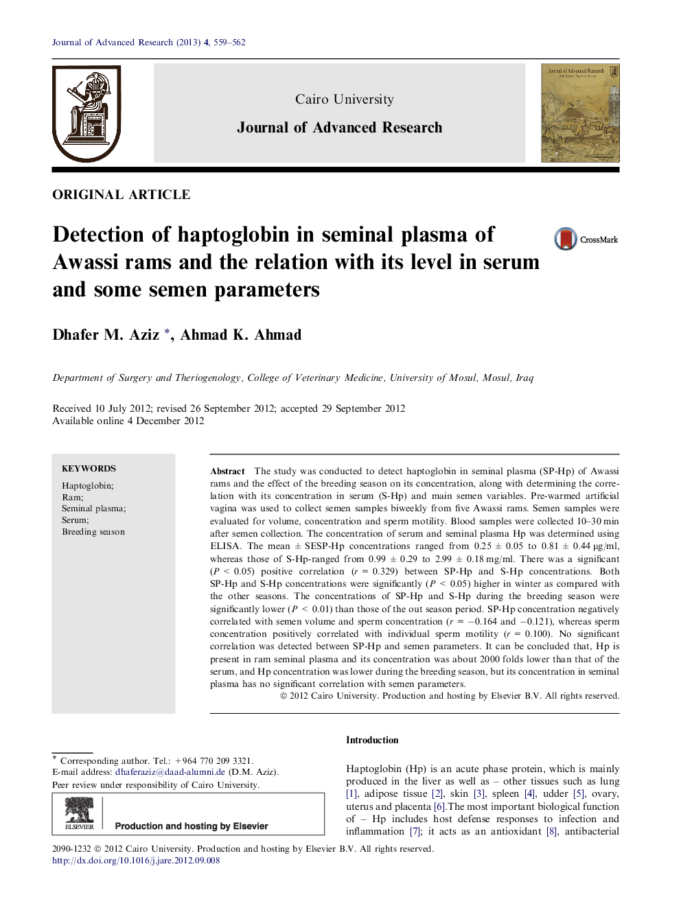 Detection of haptoglobin in seminal plasma of Awassi rams and the relation with its level in serum and some semen parameters 