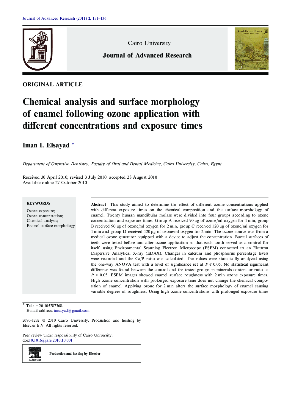 Chemical analysis and surface morphology of enamel following ozone application with different concentrations and exposure times