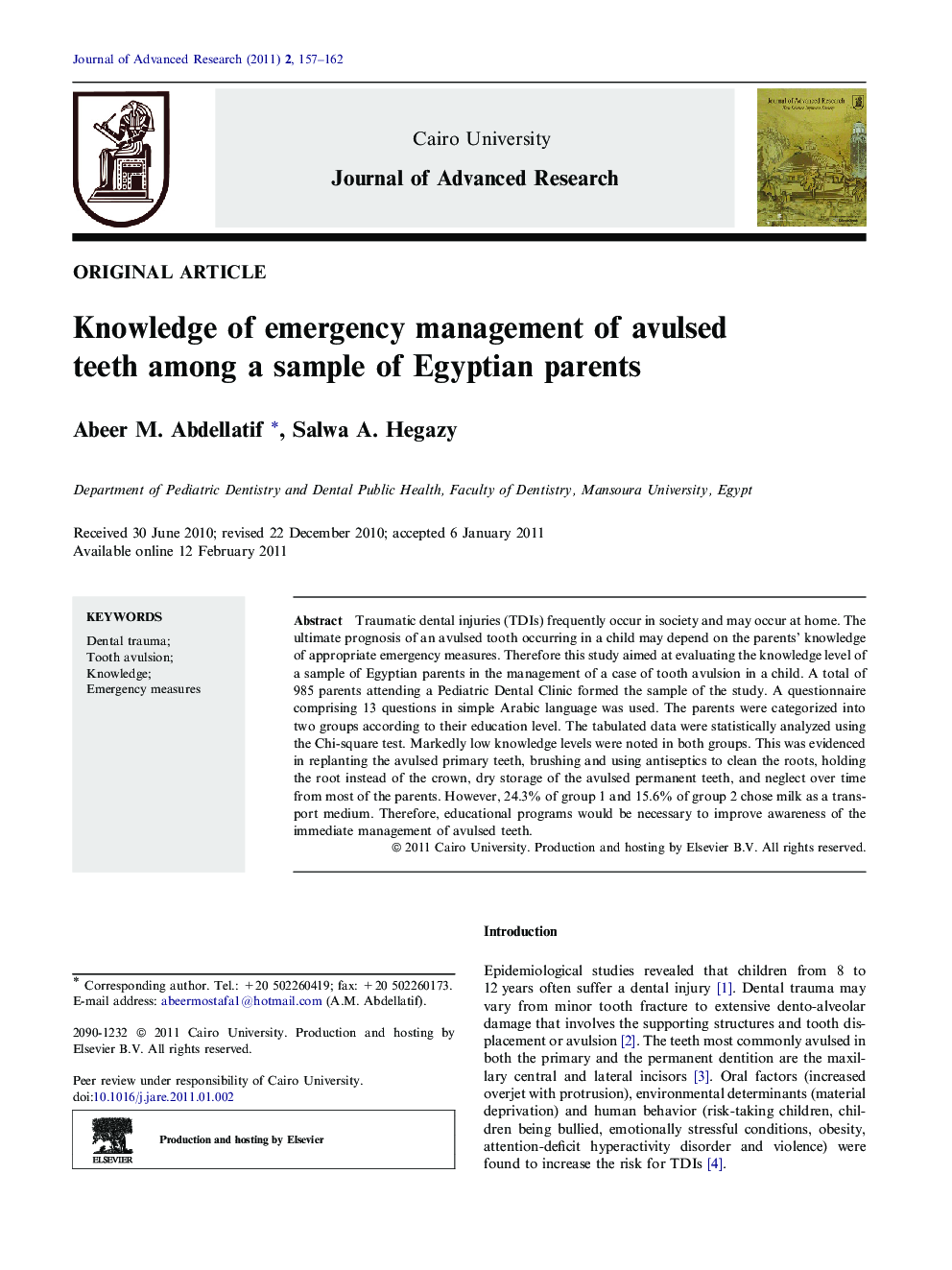 Knowledge of emergency management of avulsed teeth among a sample of Egyptian parents