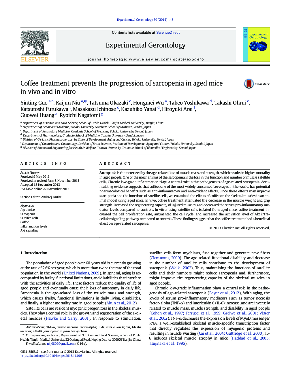 Coffee treatment prevents the progression of sarcopenia in aged mice in vivo and in vitro