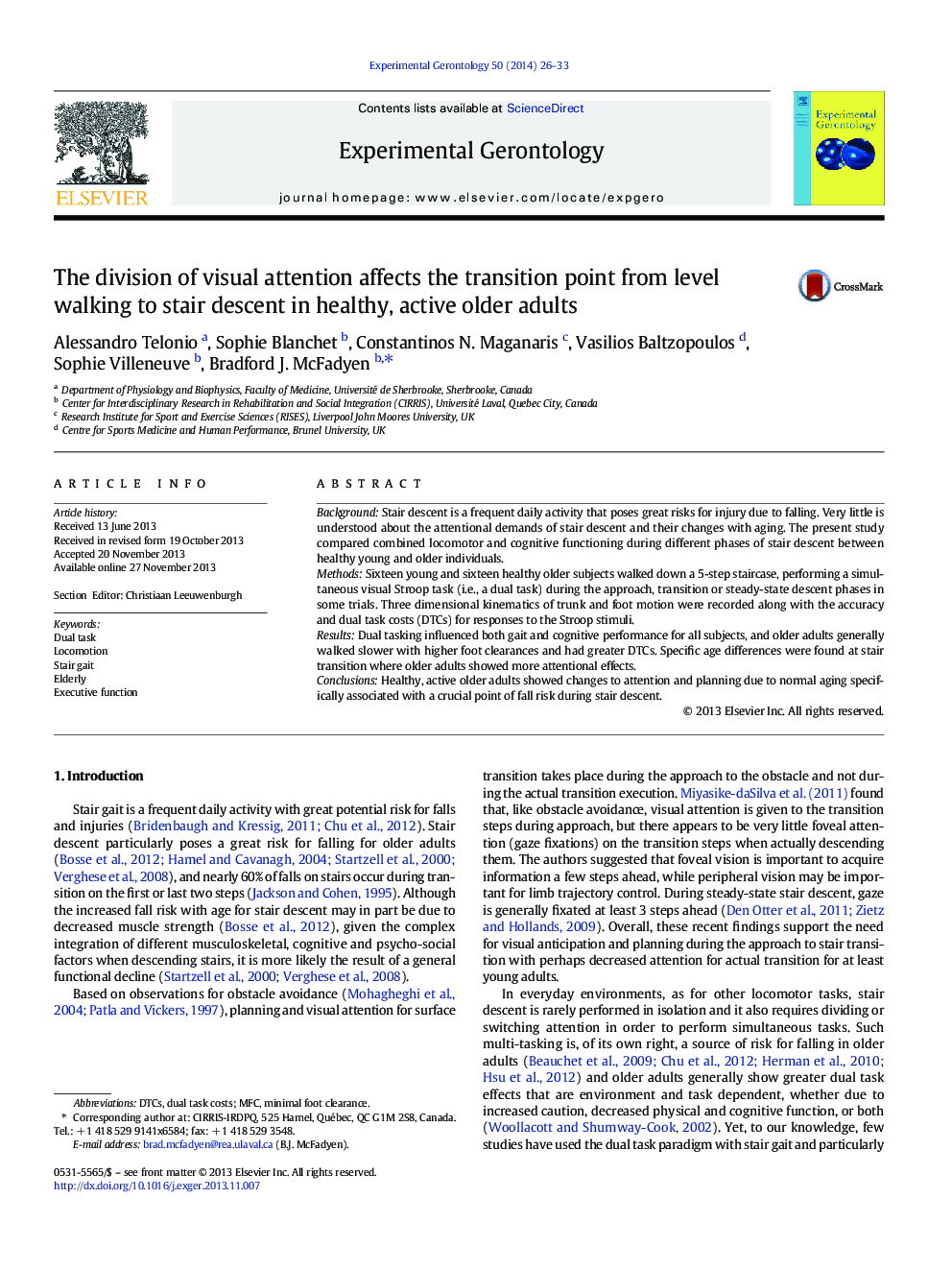 The division of visual attention affects the transition point from level walking to stair descent in healthy, active older adults