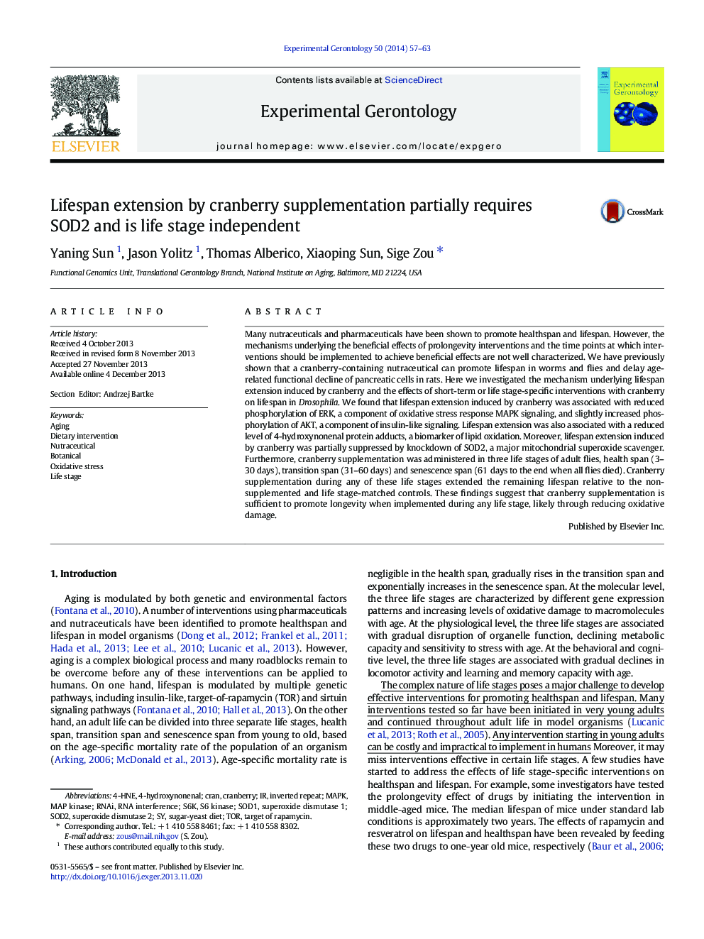 Lifespan extension by cranberry supplementation partially requires SOD2 and is life stage independent