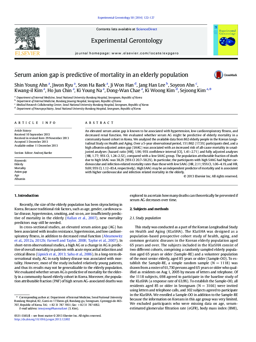 Serum anion gap is predictive of mortality in an elderly population