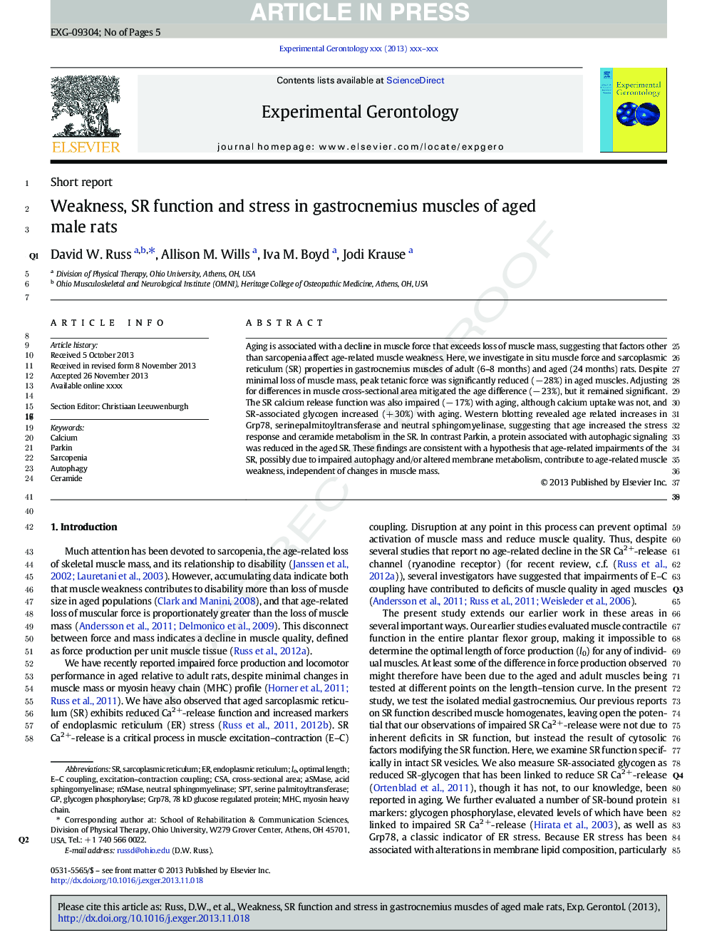 Weakness, SR function and stress in gastrocnemius muscles of aged male rats