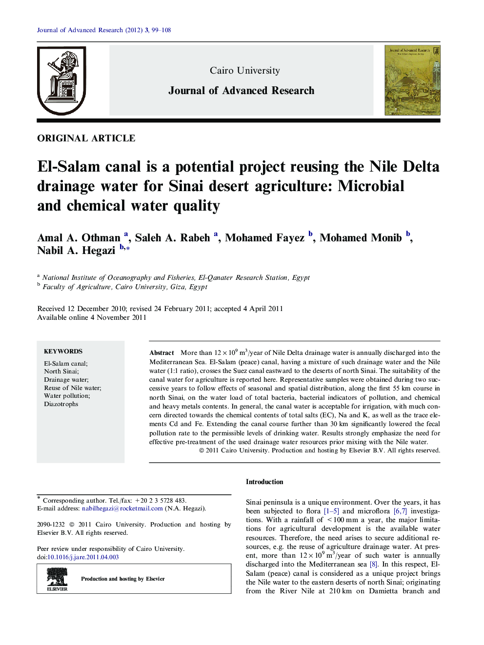 El-Salam canal is a potential project reusing the Nile Delta drainage water for Sinai desert agriculture: Microbial and chemical water quality