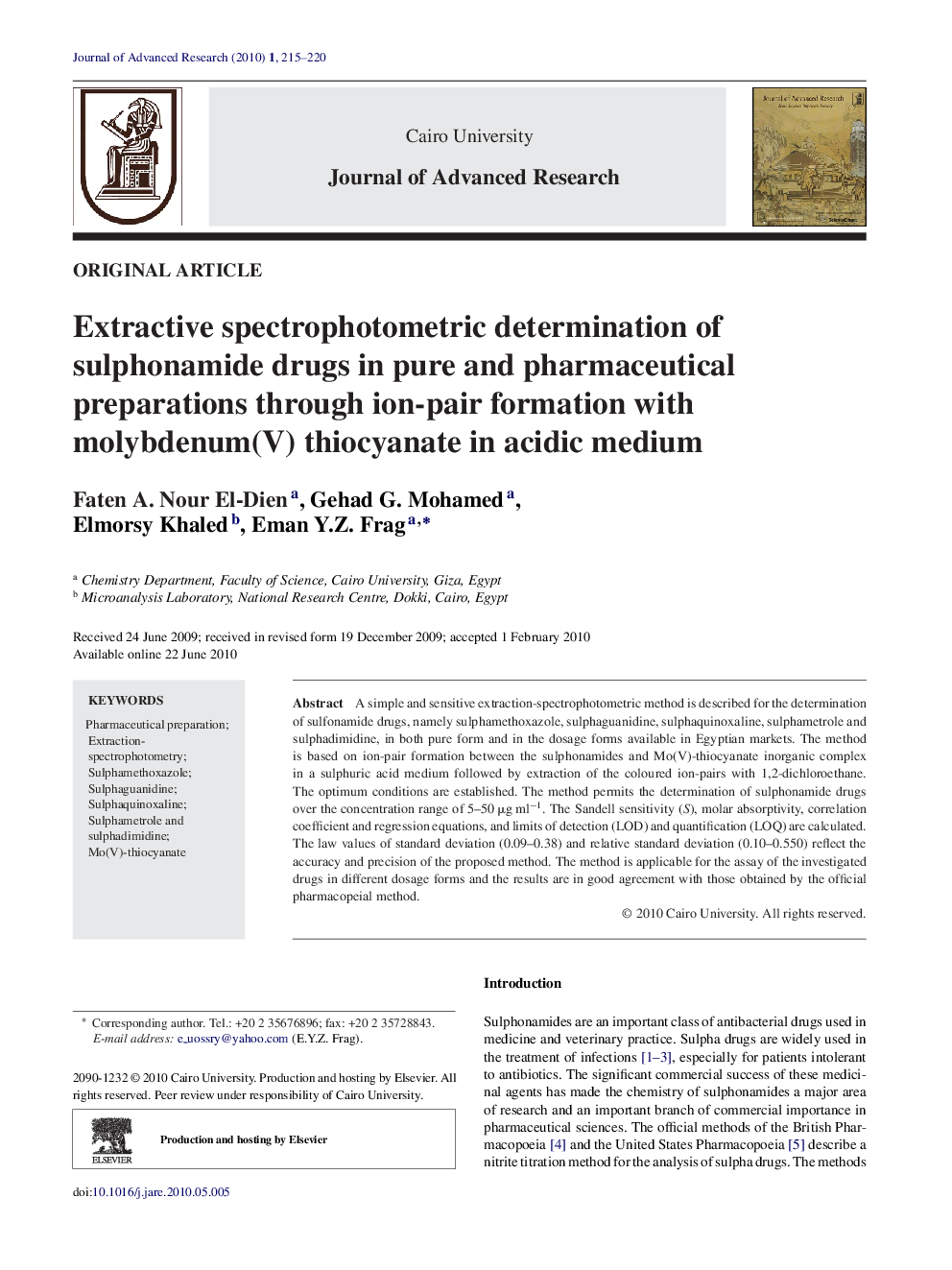 Extractive spectrophotometric determination of sulphonamide drugs in pure and pharmaceutical preparations through ion-pair formation with molybdenum(V) thiocyanate in acidic medium