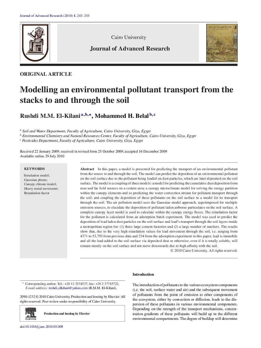 Modelling an environmental pollutant transport from the stacks to and through the soil