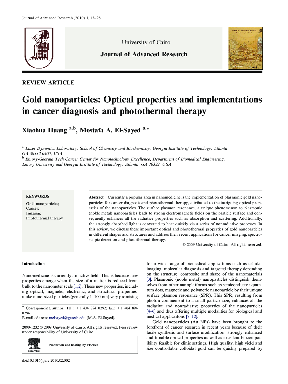 Gold nanoparticles: Optical properties and implementations in cancer diagnosis and photothermal therapy