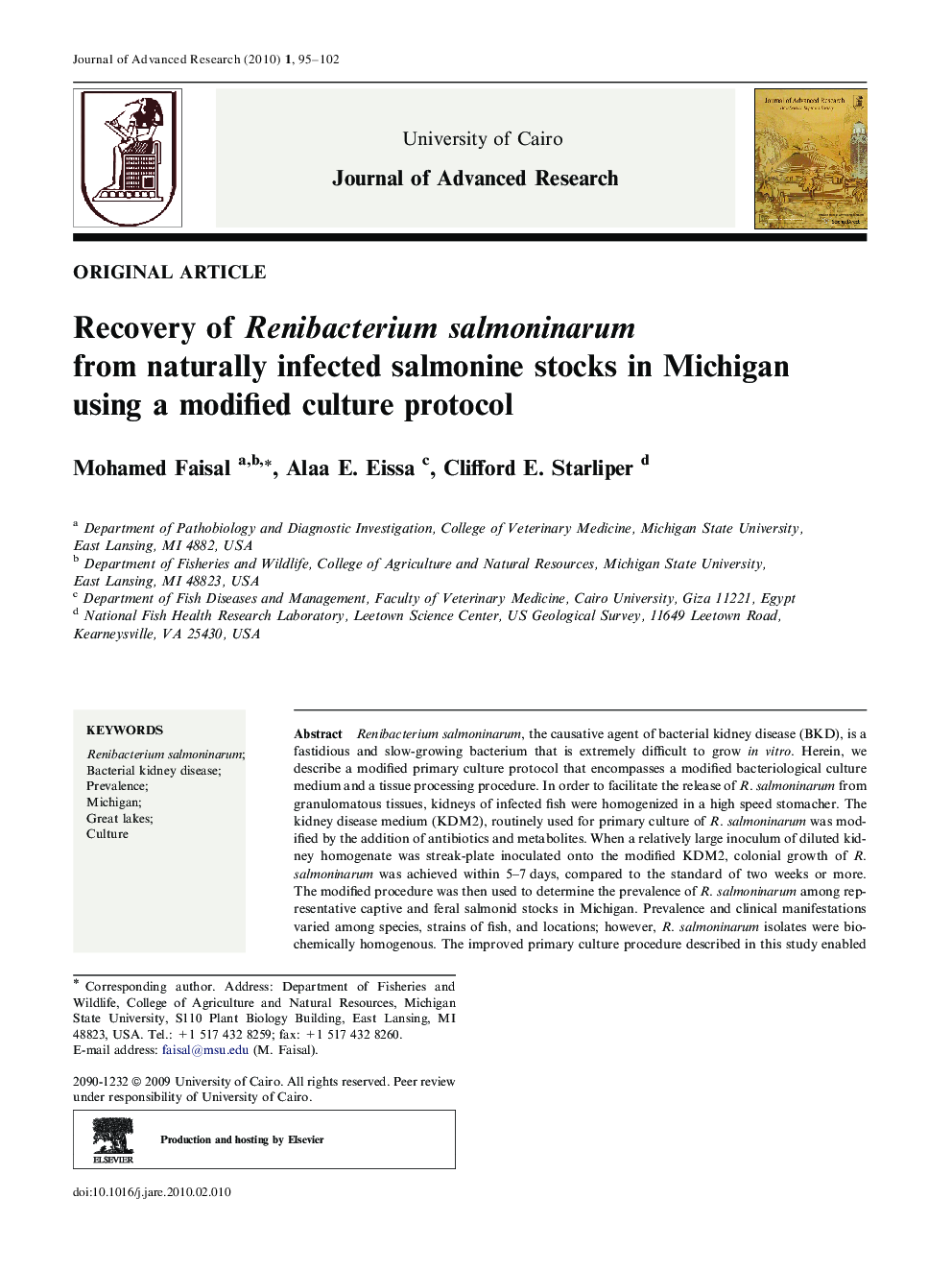 Recovery of Renibacterium salmoninarum from naturally infected salmonine stocks in Michigan using a modified culture protocol
