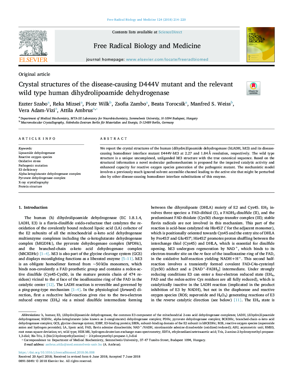 Crystal structures of the disease-causing D444V mutant and the relevant wild type human dihydrolipoamide dehydrogenase