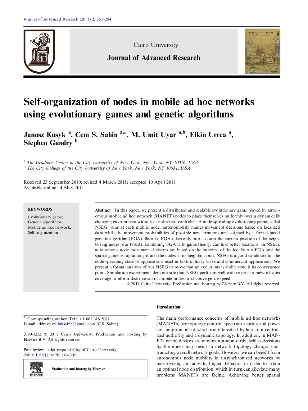 Self-organization of nodes in mobile ad hoc networks using evolutionary games and genetic algorithms