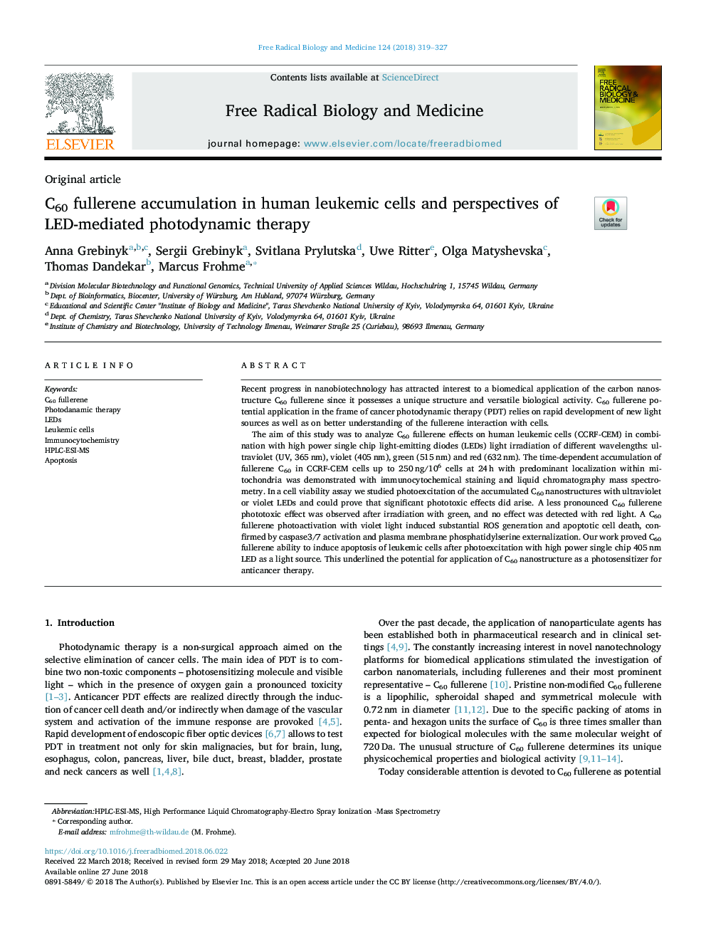 عکس صفحه اول مقاله: C60 fullerene accumulation in human leukemic cells and perspectives of LED-mediated photodynamic therapy C60 fullerene accumulation in human leukemic cells and perspectives of LED-mediated photodynamic therapy