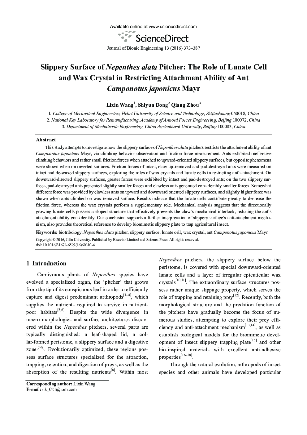 Slippery Surface of Nepenthes alata Pitcher: The Role of Lunate Cell and Wax Crystal in Restricting Attachment Ability of Ant Camponotus japonicus Mayr