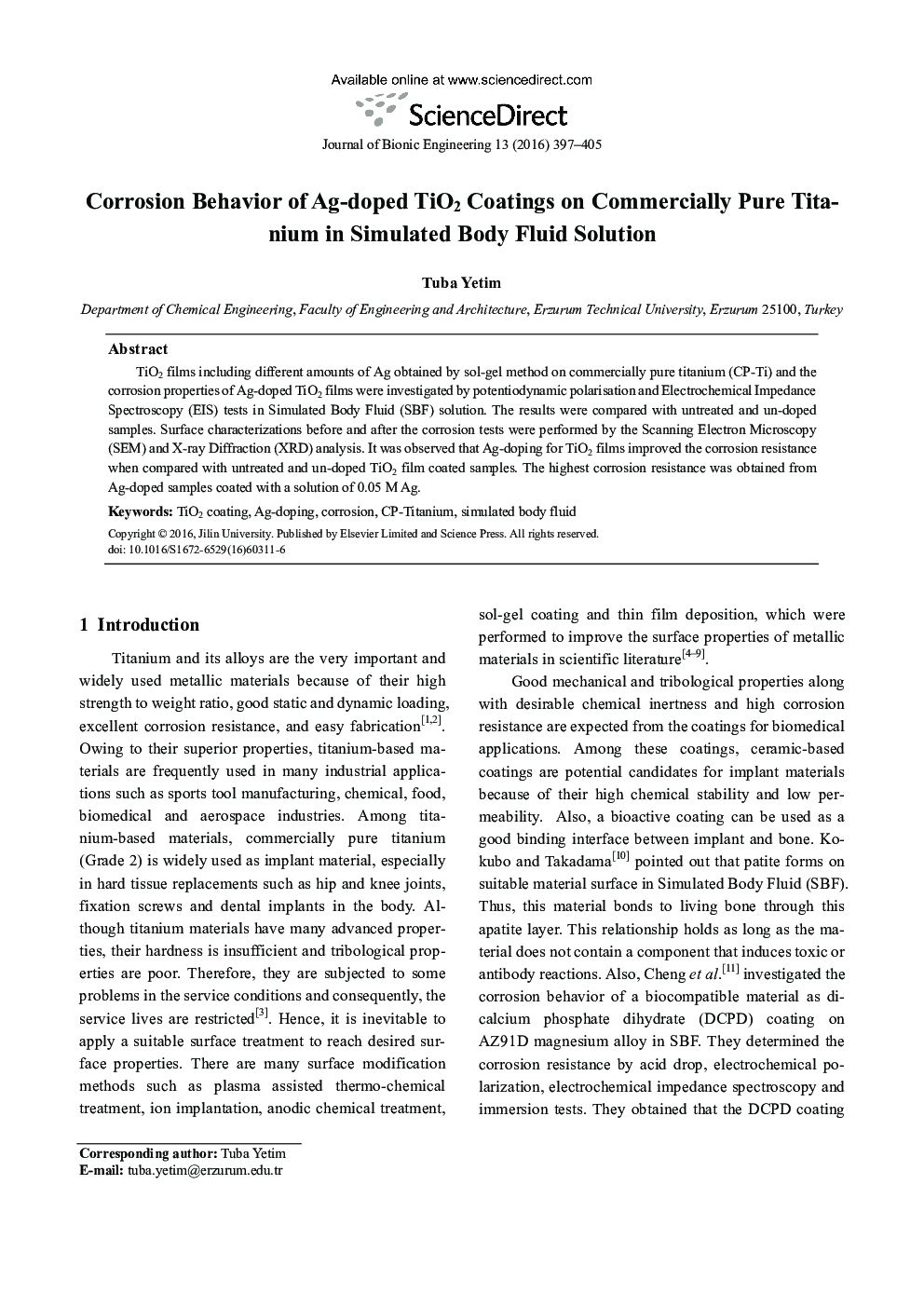 Corrosion Behavior of Ag-doped TiO2 Coatings on Commercially Pure Titanium in Simulated Body Fluid Solution