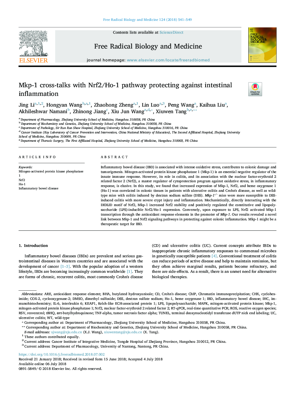 Mkp-1 cross-talks with Nrf2/Ho-1 pathway protecting against intestinal inflammation